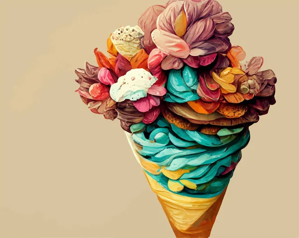 Конус Полный Вкусных Шариков Мороженого Цветочными Узорами Элементами Коричневом Фоне — стоковый вектор