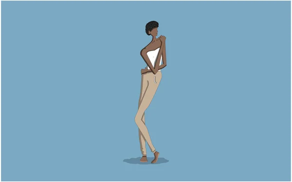 Vektorový Obraz Černé Dívky Stojící Pózující Modrém Pozadí Černá Dívka — Stockový vektor
