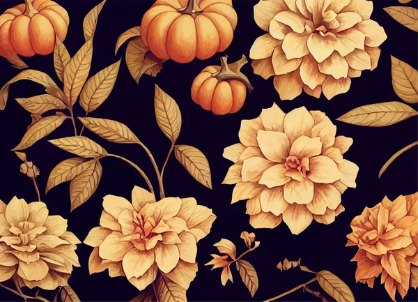 Una Ilustración Vectorial Flores Calabazas Fondo Halloween — Vector de stock