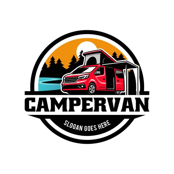 stock vector A vector illustration of a red camper van in a forest, at the sunset, on a white background, with editable text