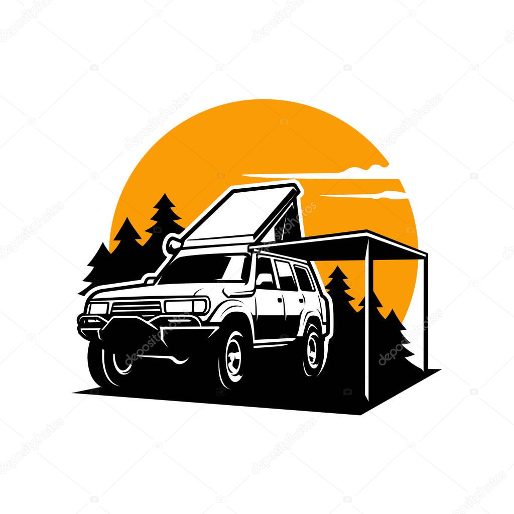 The vector of a car with a tent in the countryside - travel and camping concept