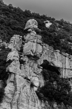 Arizona Çölü 'ndeki güzel taş oluşumlarının dikey gri tonlama çekimi.