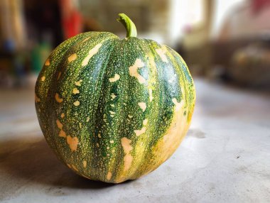 Masanın üzerinde benekli yeşil bir kabak resmi.