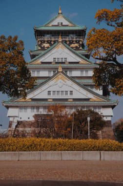 Japonya 'daki Osaka kalesinin önünde ağaçlar olan dikey bir görüntüsü.