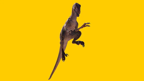 黄色の背景に孤立したヴェロキラプトル恐竜の3Dレンダリング — ストック写真