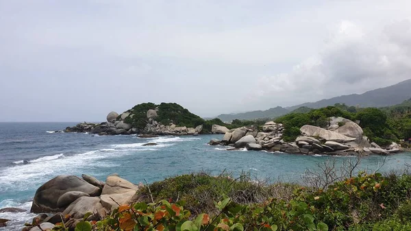 Eine Felsige Küste Und Grüne Pflanzen Umgeben Vom Wasser Eines — Stockfoto