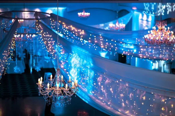 High Angle Shot Decorated Wedding Venue Lights Chandeliers — Stock Photo, Image