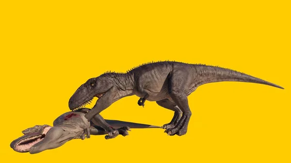 黄色の空白の背景に隔離された別の恐竜を食べる恐竜のイラスト — ストック写真