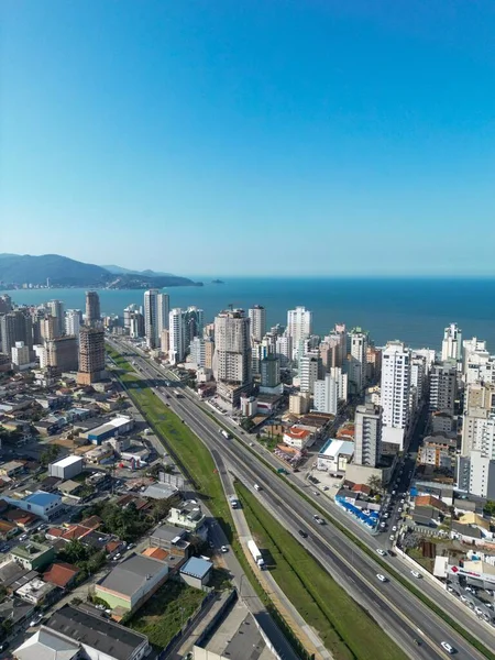 Aerial Road Cars Urban Buildings Meia Praia Beach Itapema City — Stock Photo, Image