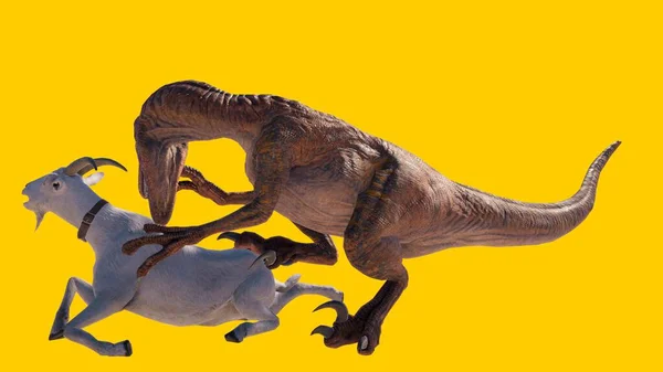 Renderowanie Welociraptora Dinozaura Jedzącego Kozę Izolowaną Żółtym Tle — Zdjęcie stockowe