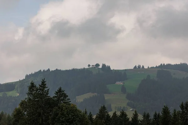 Krajobraz Gęstych Chmur Nad Wysokimi Wzgórzami Polami Zielonymi Lasem Sosnowym — Zdjęcie stockowe