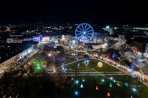 Letecký Pohled Vánoční Trh Eyre Square Během Prázdninového Období Noci — Stock fotografie