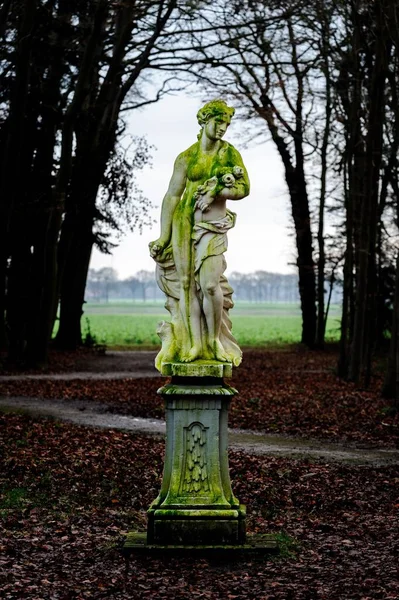 一座在花园里用绿色苔藓覆盖的古老雕像的竖直照片 — 图库照片