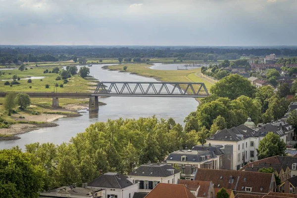 Bridge River Dutch Deventer City View Grey Brown Roofed Houses — Stock Photo, Image