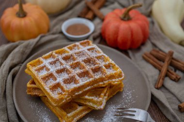 Kahvaltı için beyaz pudralı bir tabakta lezzetli waffle 'ların yakın çekimi.