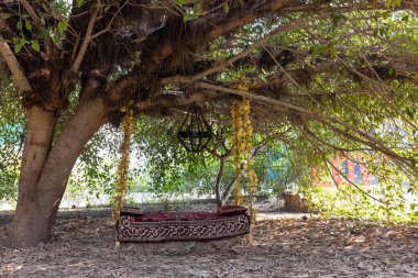 Bahçede kocaman bir ağacın altında bir yatak.