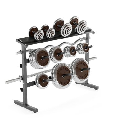 Dumbbell ve Plate Rack 'in beyaz arka planda izole edilmiş üç boyutlu bir çizimi