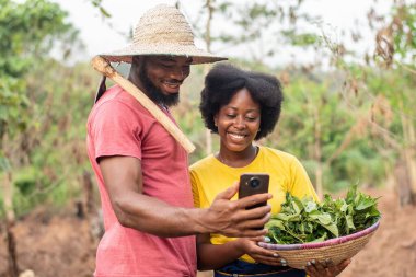 Afrikalı çiftçiler birlikte bir telefonu kontrol ediyorlar.
