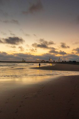 Güneşin batışında sahilde yürüyen yalnız bir insanın güzel bir fotoğrafı.