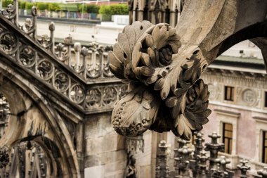 Duomo di Milano 'nun mimari heykel detaylarının yakından çekimi.