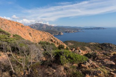Korsika 'daki su kıyısında kayalık tepelerin güzel manzarası.