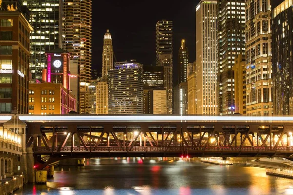 Şikago Daki Franklin Orleans Caddesi Köprüsü Nden Gece Manzara Işıkları — Stok fotoğraf