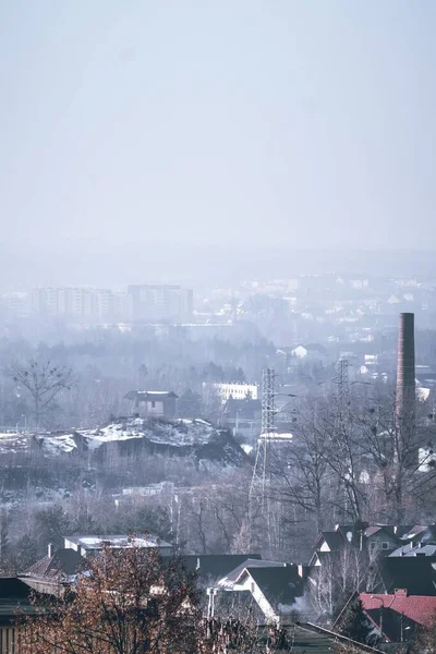Вид Воздуха Туманную Деревню Домами Деревьями Серым Туманным Небом — стоковое фото