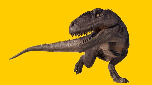 Sarı Arka Planda Izole Edilmiş Koca Ağızlı Kükreyen Bir Giganotosaurus — Stok fotoğraf