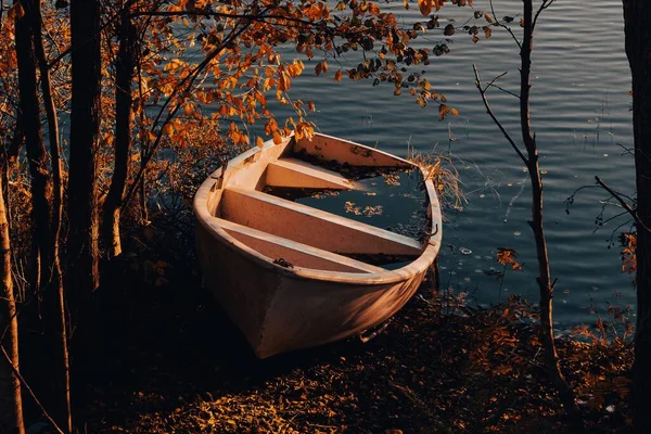 黄金の秋の自然に囲まれた湖畔の水の半分を放棄された木製のボート — ストック写真