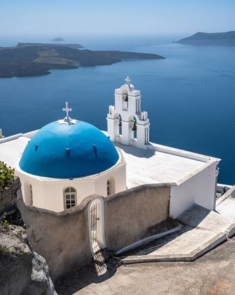 Three Bells Fira Santorini Its Characteristic Blue Dome Located Cliffs — Stock Photo, Image