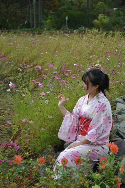 山梨県の花畑に座ってピンクの着物を着た東アジアの若い女性 — ストック写真