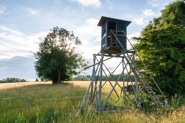 野原にある木製の狩猟用時計塔の美しいショット — ストック写真