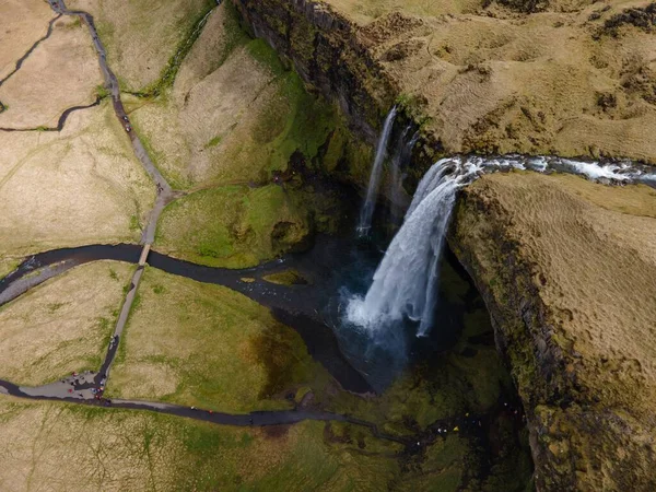 Drone Aéreo Famosa Cachoeira Seljalandsfoss Islândia — Fotografia de Stock