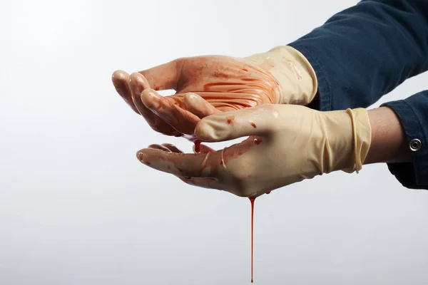 Blood Dripping Plastic Gloves White Background — Stock Photo, Image