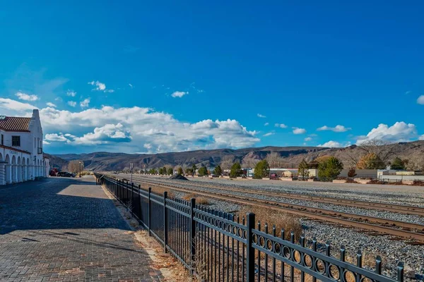 Zdjęcie Bliska Starego Dworca Kolejowego Czarnego Ogrodzenia Caliente Nevada — Zdjęcie stockowe