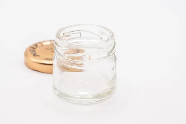 Close Small Empty Jam Preserve Glass Jar Perunggu Coloured Screw — Stok Foto