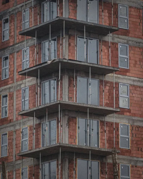 Vertical Shot Brick Semi Constructed Apartment Building Newly Installed Windows — Stock Photo, Image