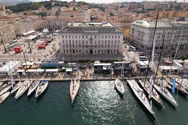 Sailing Boats Yachts Docked Gulf Trieste Barcelona Aerial — Stock Photo, Image
