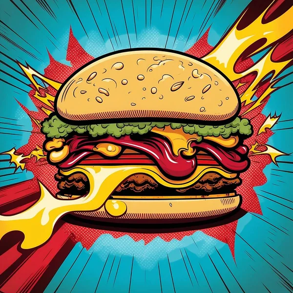 Eine Pop Art Illustration Eines Saftigen Großen Burgers Isoliert Auf — Stockfoto