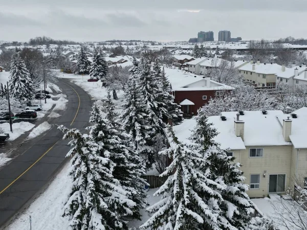 雪に覆われた道路の隣の町やモミの木の郊外の空中撮影 — ストック写真