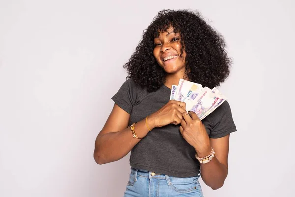 Happy Beautiful Young African Lady Holding Some Cash — Stock Photo, Image