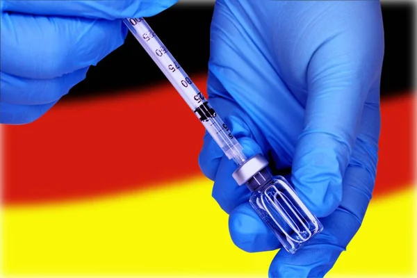 Closeup Hands Blue Gloves Drawing Vaccine Vial Syringe Germany Flag — Stock Photo, Image