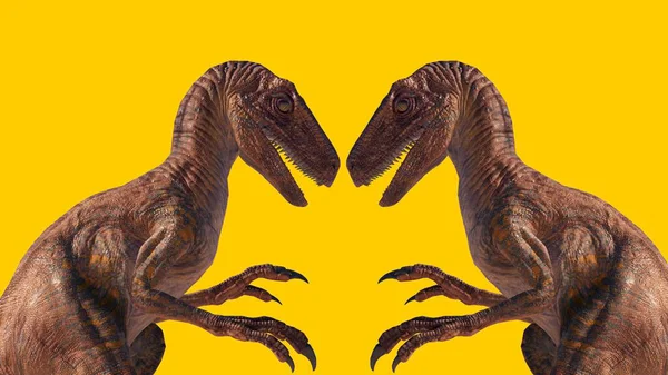 两个在黄色背景上分离的猛禽龙的三维绘制 — 图库照片
