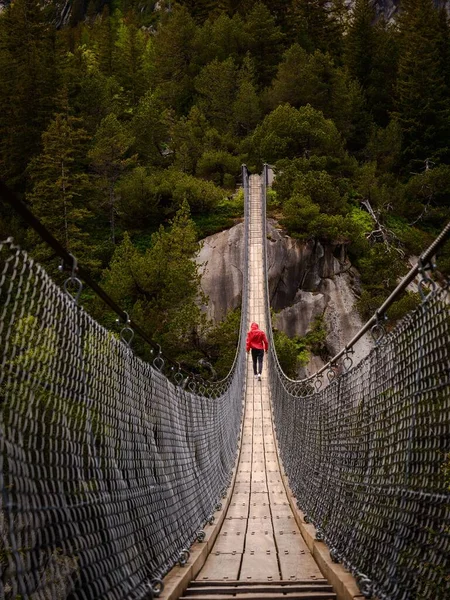 Sviçre Deki Derin Geçitin Üzerindeki Tahta Uzun Köprünün Güzel Bir — Stok fotoğraf