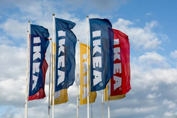 Stock image An aerial view ofIKEA flags against the blue sky