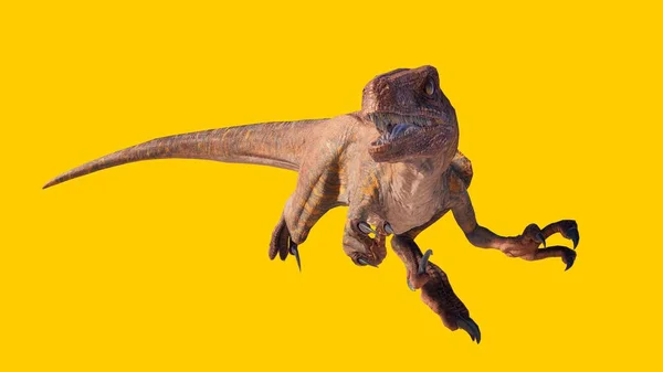 一种在黄色背景上隔离的吼叫的猛禽恐龙的3D渲染 — 图库照片