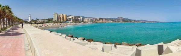 Une Vue Panoramique Sur Plage Malaga Avec Phare Arrière Plan — Photo