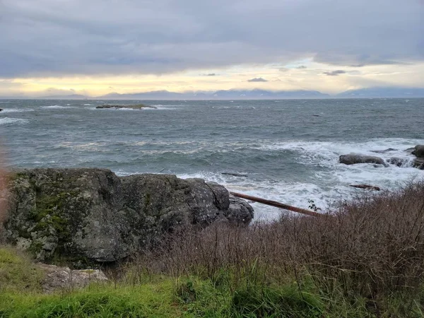 Krásný Výhled Trávu Skály Břehu Moře Bouřlivého Dne — Stock fotografie