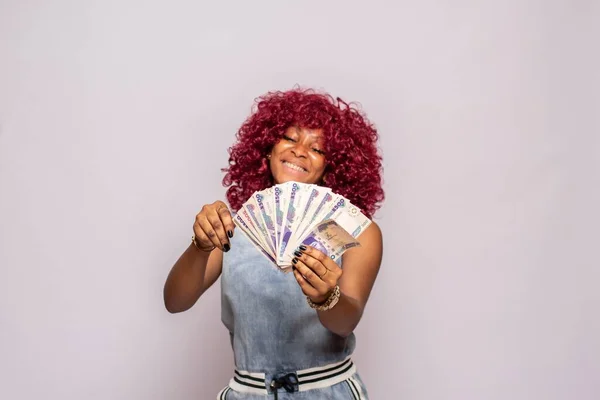 Excited Happy African Lady Flaunting Some Cash — Stock Photo, Image