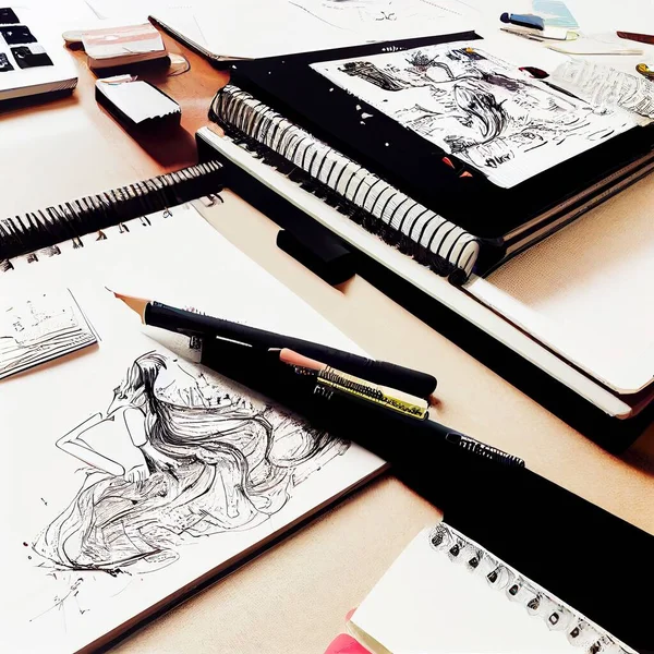 Closeup Shot Notebooks Pencils Beautiful Paintings — Stock Photo, Image